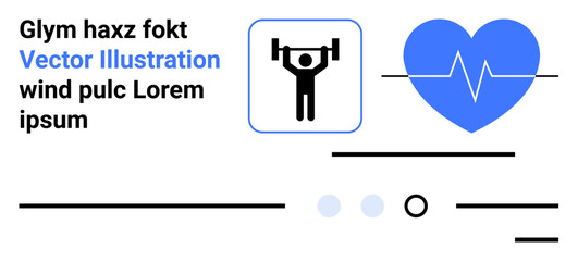 Weightlifter lifting barbell icon, blue heart with ECG line, text blocks. Ideal for fitness, health, wellness, exercise, medical, gym, lifestyle Landing page