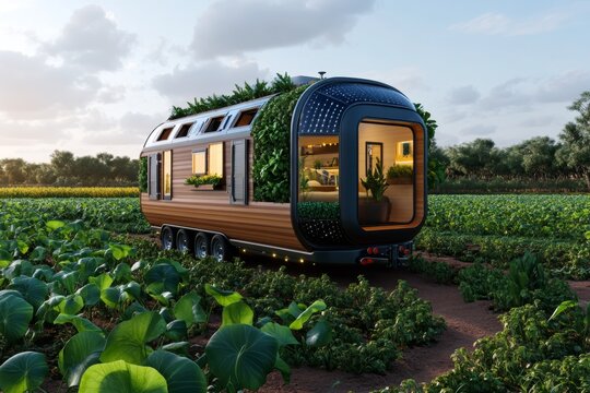 3D model of a tiny house with energy-efficient design and rural landscape, showcasing affordability and modernity