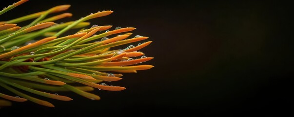 Macro of a pine needle cluster with tiny raindrops and reflections, Pine needles with raindrops macro, Natural and refreshing
