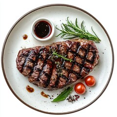 Perfectly Cooked Steak with Juicy, Tender Texture, Garnishes, and Sauce on Stylish Plate, Isolated on White