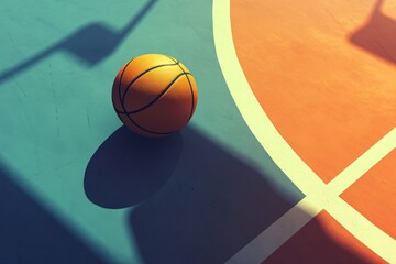 Basketball on the Court: A Close-Up View of a Basketball on a Colorful Court