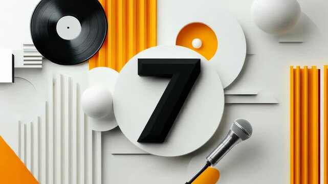 Modern number 7 with silver microphone and vinyl record, abstract composition in white and orange tones
