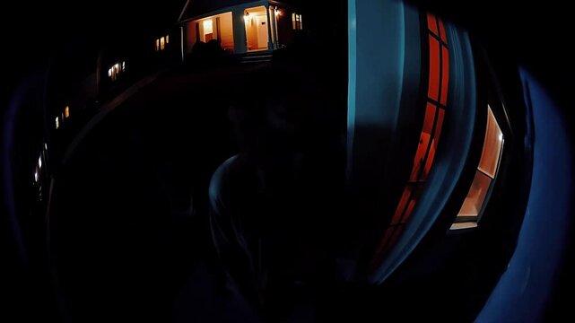 security camera image with a fisheye lens perspective shows zombies from approaching the front door
