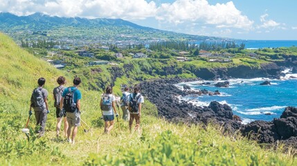 Group of hikers exploring a coastal landscape on a sunny day.