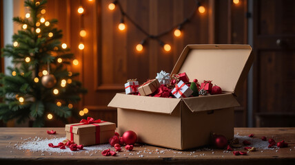 Box of wrapped Christmas gifts with ornaments inside