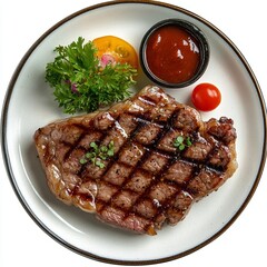 Perfectly Cooked Steak with Juicy, Tender Texture, Garnishes, and Sauce on Stylish Plate, Isolated on White
