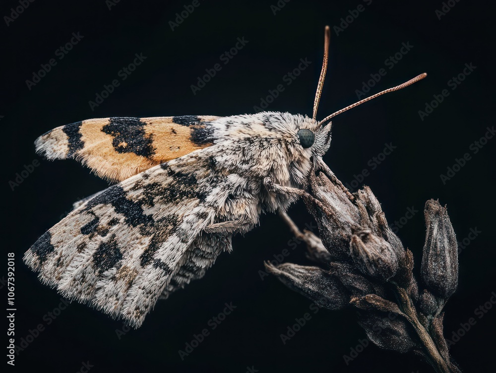 Poster a close-up of a moth perched on a plant, showcasing its intricate patterns and textures.