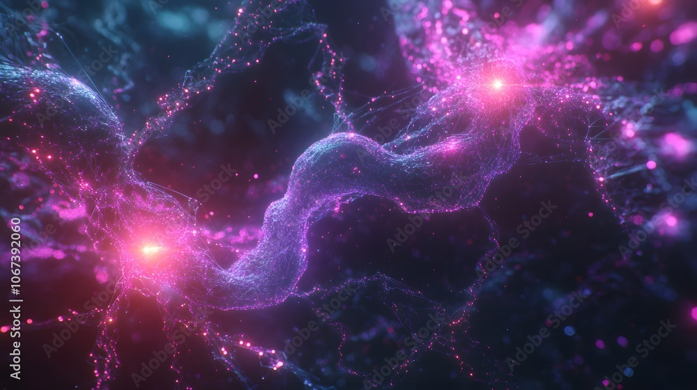 Poster Illustration of fearless AI processes as intertwining data streams with bright energy points, symbolizing relentless learning and adaptation, 4k resolution