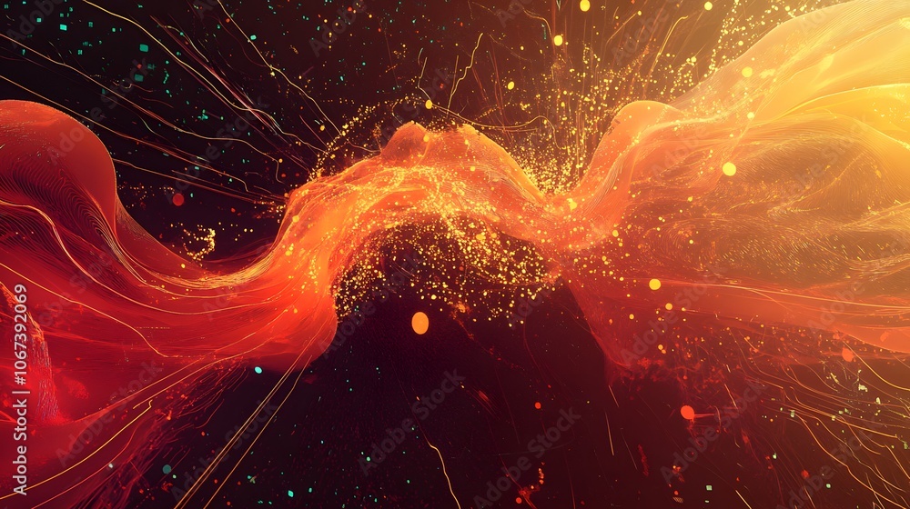 Poster Illustration of fearless AI processes as intertwining data streams with bright energy points, symbolizing relentless learning and adaptation, 4k resolution