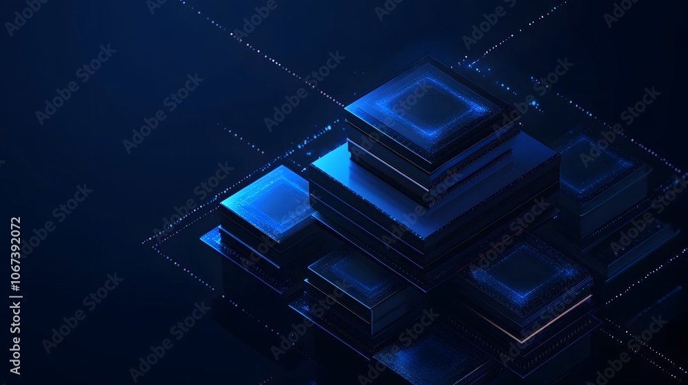 Poster Conceptual representation of a fearless AI system with layered geometric forms in deep blue tones, suggesting powerful, unyielding analysis, 4k resolution