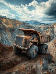 Obraz premium A heavy duty dump truck transports soil in a mining site. The truck is driving up a steep hill, and the landscape is rugged and dusty. The truck is a symbol of industry, hard work, and the power of ma