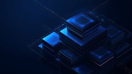 Conceptual representation of a fearless AI system with layered geometric forms in deep blue tones, suggesting powerful, unyielding analysis, 4k resolution