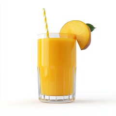 Refreshing Indonesian Mango or Orange Juice with Fruit Slice and Straw, Isolated on White