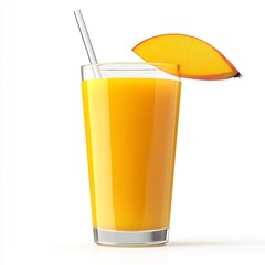 Refreshing Indonesian Mango or Orange Juice with Fruit Slice and Straw, Isolated on White