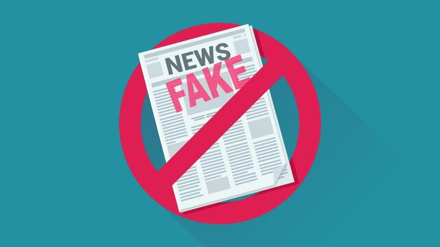 Appearance of crossed out red circular prohibition symbol on a fake news newspaper on blue background with long shadow in flat design style