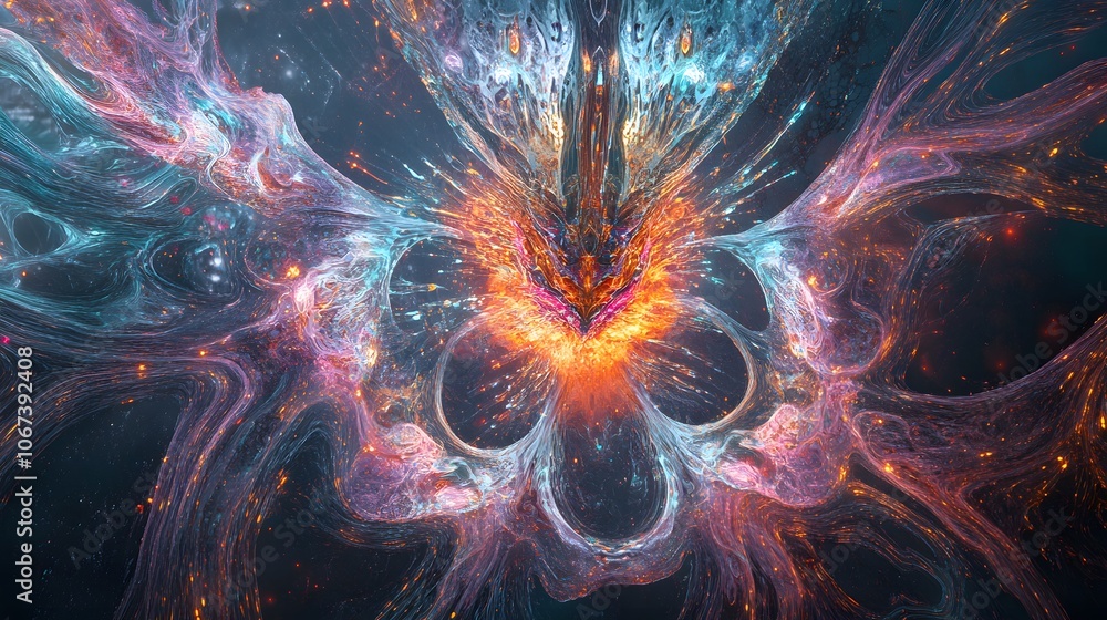 Poster Artistic depiction of fearless AI systems, with data lines expanding outward in fractal patterns, symbolizing exponential growth in intelligence, 4k resolution