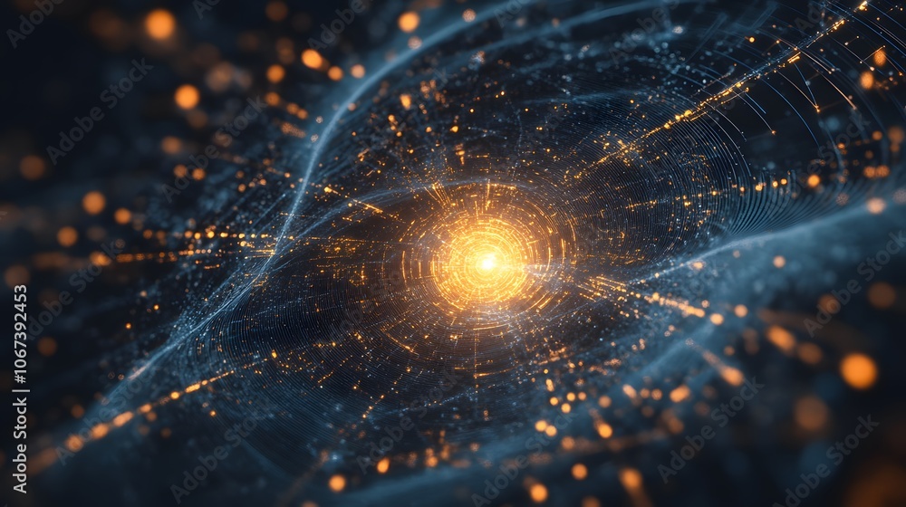 Poster Abstract view of an AI algorithm with powerful geometric patterns radiating from a central point, symbolizing fearless command of data, 4k resolution