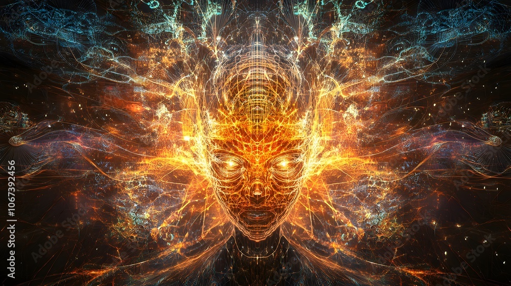 Poster Artistic depiction of fearless AI systems, with data lines expanding outward in fractal patterns, symbolizing exponential growth in intelligence, 4k resolution