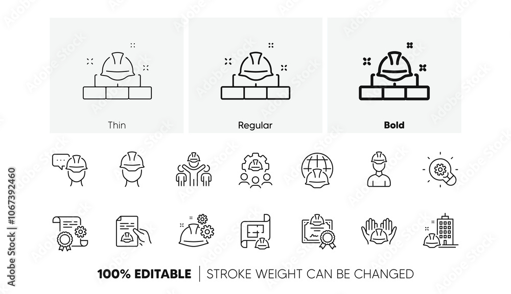 Aufkleber teamwork, technical documentation and peopl. engineering line icons set. blueprint with gear, engine