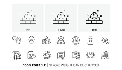 Teamwork, Technical documentation and Peopl. Engineering line icons set. Blueprint with gear, engineer and construction helmet set icons. Technician, industrial people, engineering process. Vector