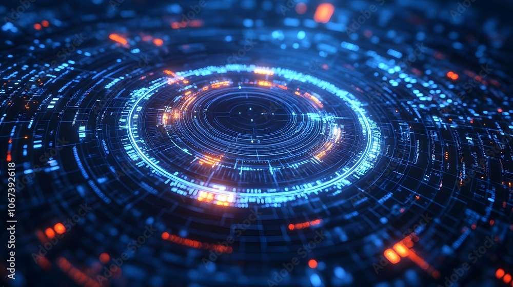 Poster Digital art of an AI algorithm with symmetrical, circular patterns representing fearless and precise analysis, 4k resolution