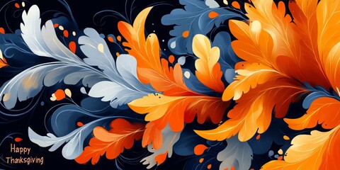 Happy Thanksgiving Typography with Decorative Leaves and Swirls - Simple, Cheerful Holiday Greeting Design for Cards, Social Media, and Seasonal Decor