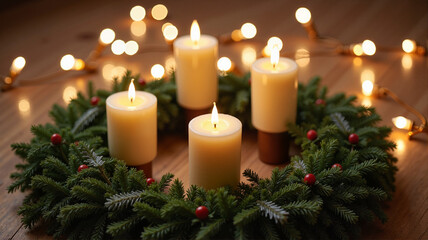 Advent wreath with cream candles and festive lights