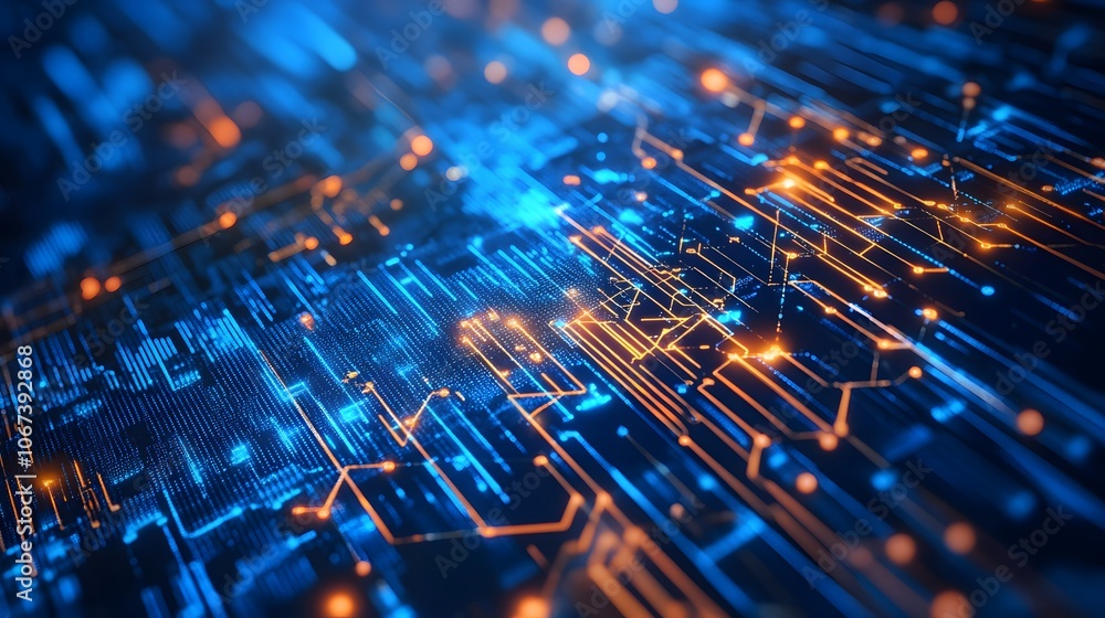 Poster Abstract composition of AI circuitry forming bold, complex shapes, capturing fearless adaptability, 4k resolution