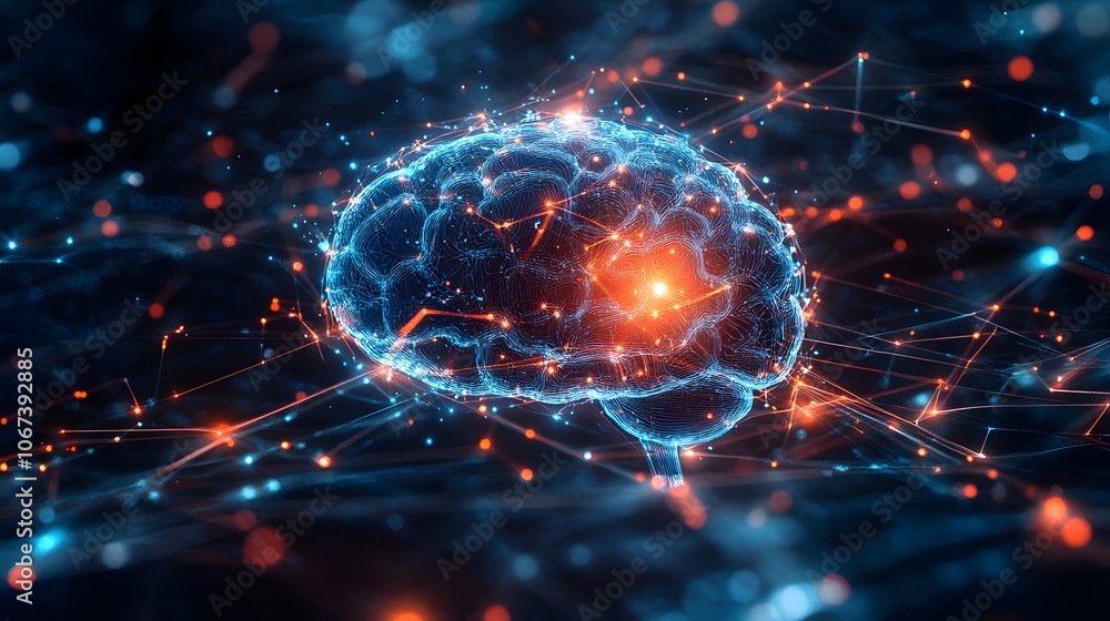 Poster Digital representation of a fearless AI structure with overlapping shapes and glowing edges, symbolizing relentless learning, 4k resolution
