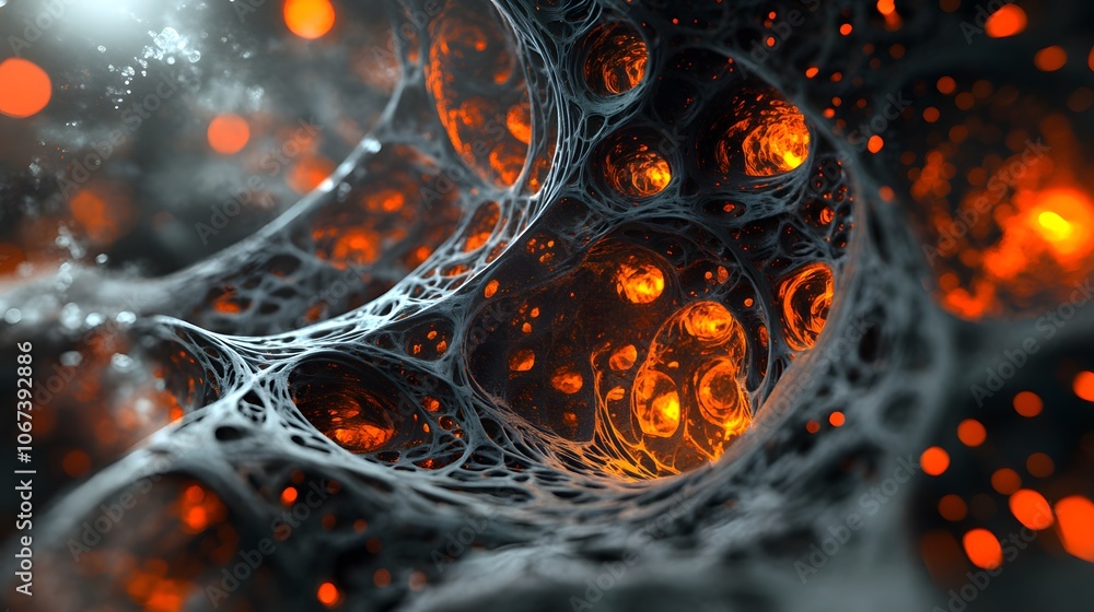 Poster Digital representation of a fearless AI structure with overlapping shapes and glowing edges, symbolizing relentless learning, 4k resolution