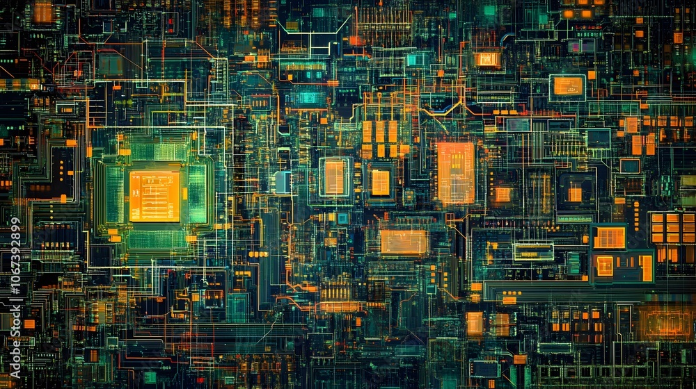 Poster Abstract composition of AI circuitry forming bold, complex shapes, capturing fearless adaptability, 4k resolution