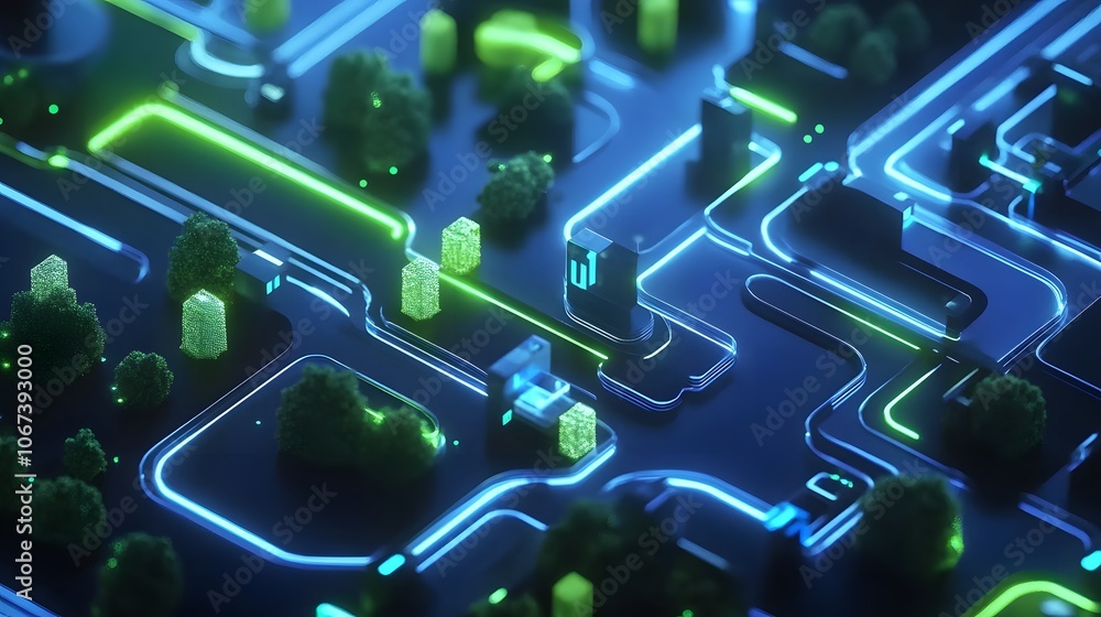 Aufkleber Illustration of confident AI pathways with blue and green highlights, symbolizing adaptive and fearless data processing, 4k resolution