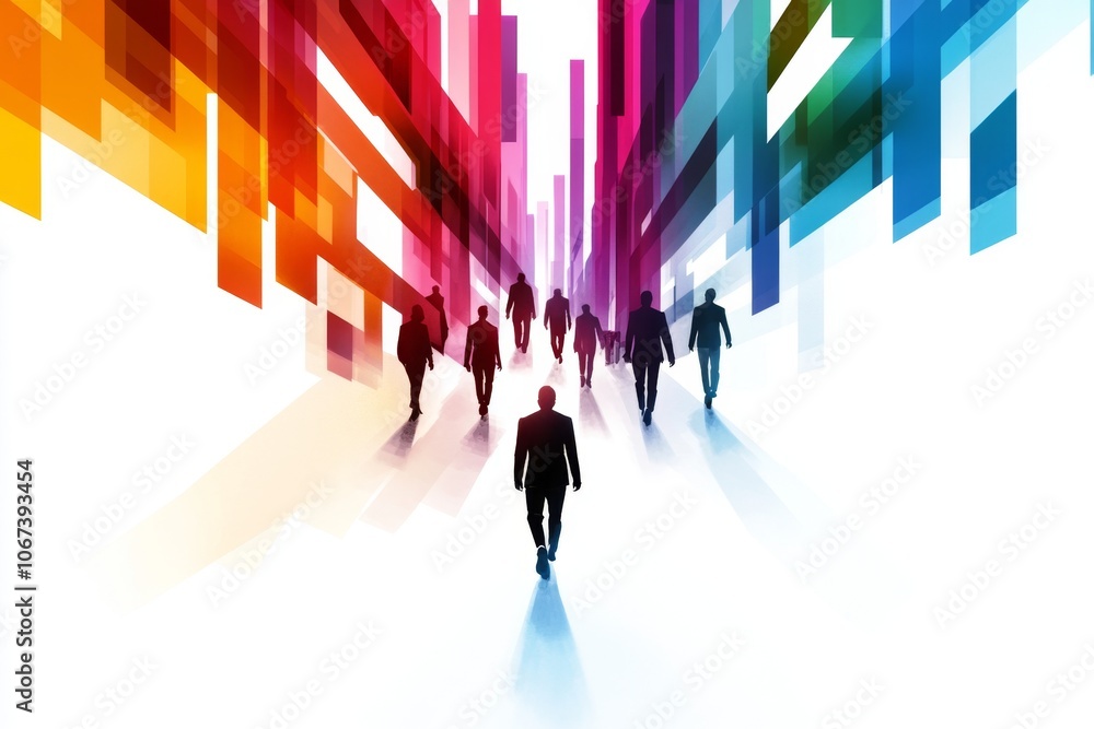 Poster a gentle watercolor of a futuristic business scene, with soft lines and colorful accents showing tec