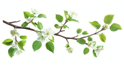Obraz premium Delicate Spring Blossom Branch with White Flowers and Green Leaves
