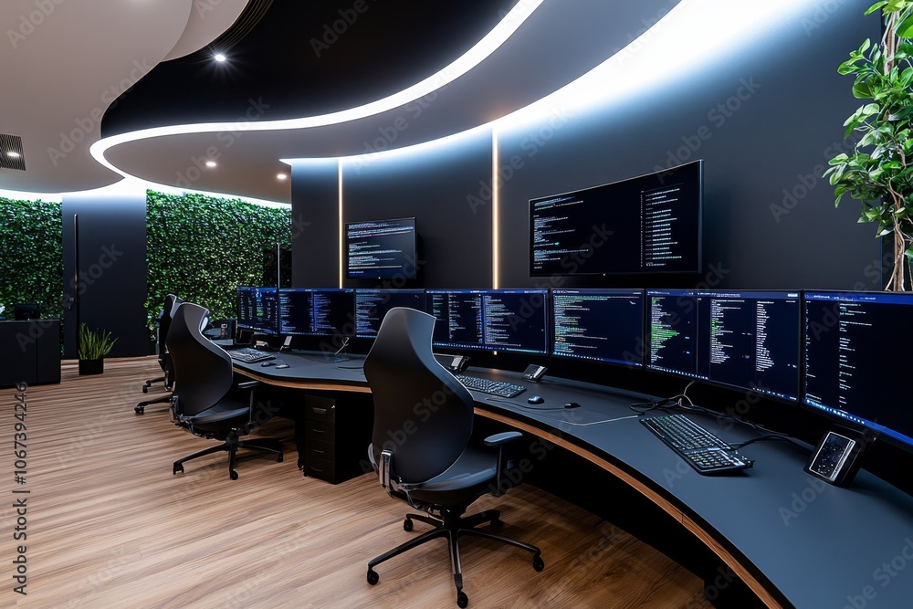 Poster A high-tech workspace with AI-driven assistants, virtual screens, and advanced communication systems for futuristic business operations