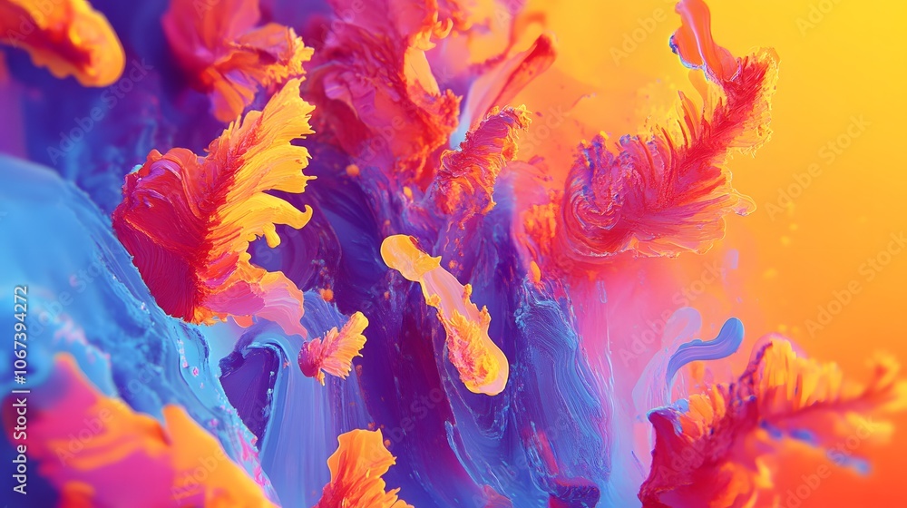 Poster dynamic abstract background with bright, energetic shapes layered in bold colors, capturing a funny 