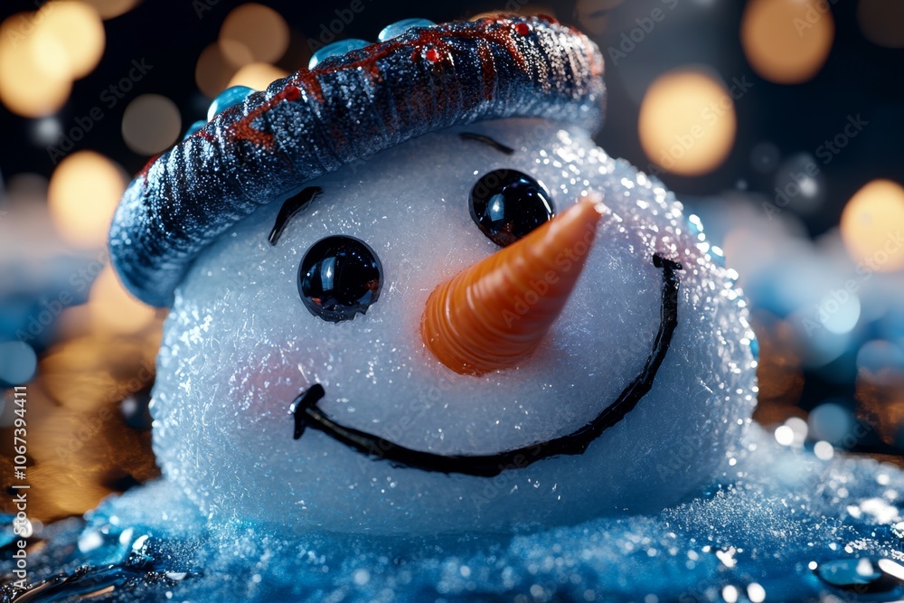 Poster A hyper-realistic close-up of a snowmanâ€™s face, showing intricate details of its icy features and frosty texture