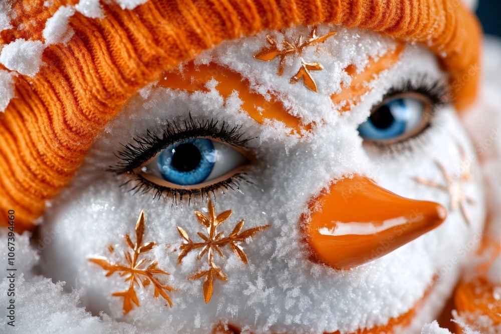 Poster a hyper-realistic close-up of a snowmanâ€™s face, showing intricate details of its icy features and 