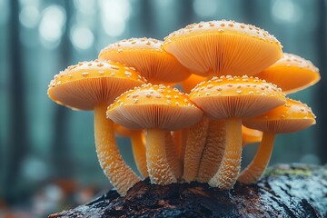 Cluster of vibrant orange mushrooms on forest floor