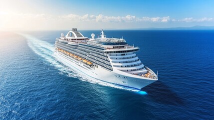 A majestic cruise ship sails gracefully across a calm ocean, symbolizing adventure, travel, luxury, relaxation, and freedom.
