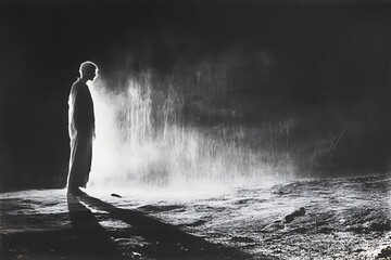 Obraz premium A solitary figure stands before a powerful waterfall at night.