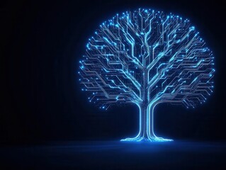 Large tree with branches and leaves as circuit lines, glowing softly, background of dark night sky