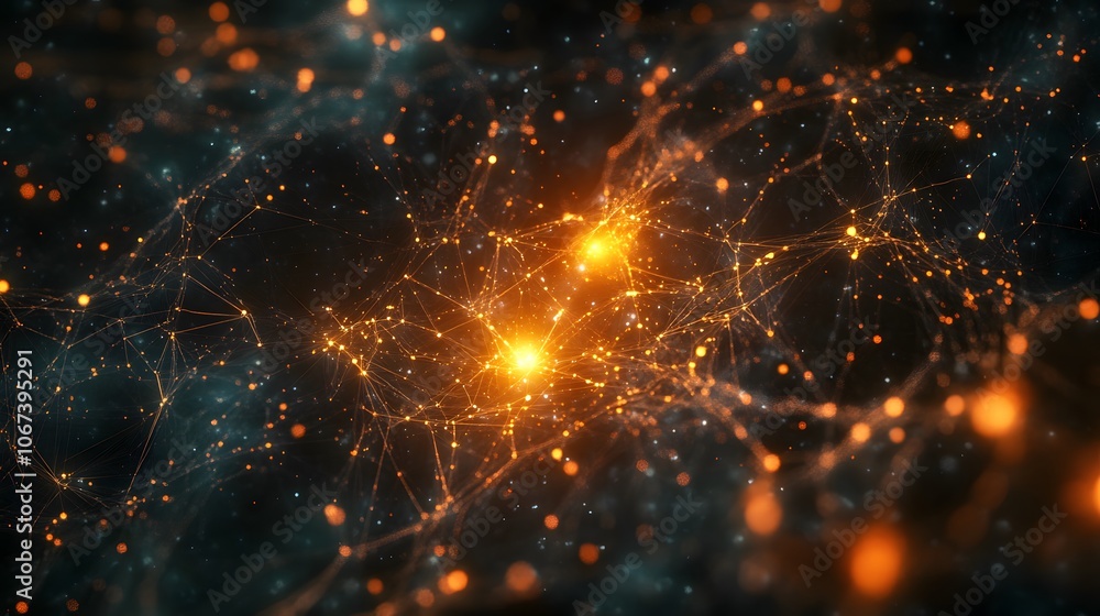Poster Abstract depiction of data pathways in an ML algorithm, with bright, interconnected points illustrating complex calculations, 4k resolution