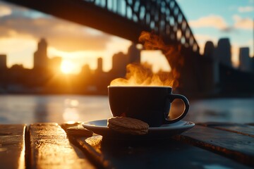 Tim Tam biscuits and coffee, Sydney Harbour Bridge view