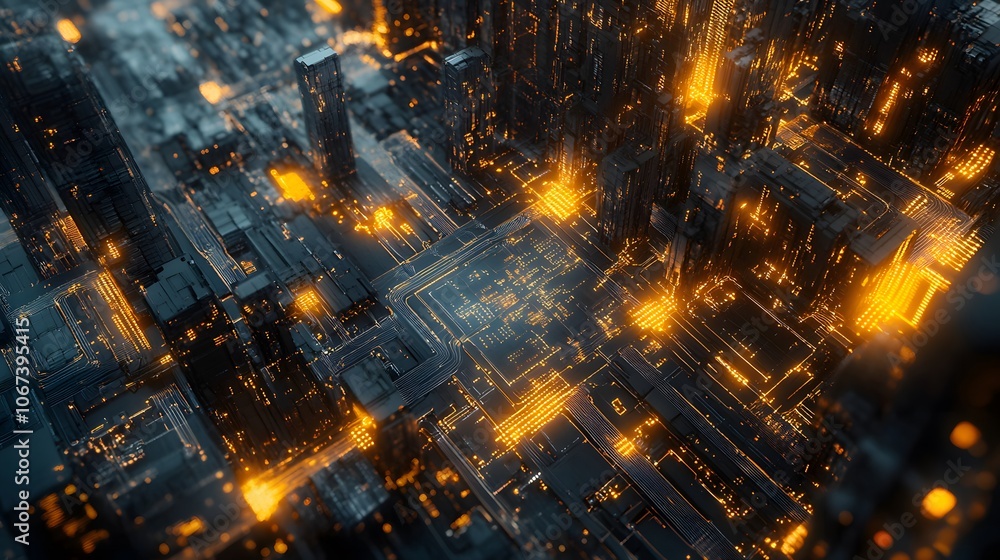 Poster High-tech representation of an ML algorithm with glowing nodes and interlocking pathways, conveying the seamless processing of big data, 4k resolution