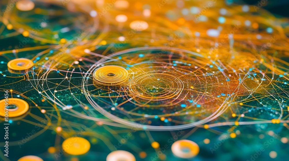 Poster Digital art of an ML algorithm represented by intersecting circles and lines, creating a complex web that reflects innovative data processing, 4k resolution