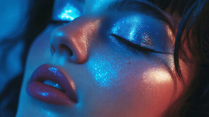 Glamorous close-up of shimmering blue eyeshadow with glossy lips for beauty photography