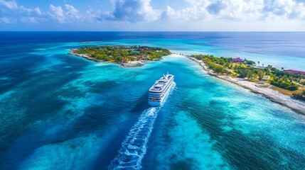 Fototapeta premium A modern cruise ship sails through crystal-clear turquoise waters, passing a lush tropical island, under a bright blue sky. This scenic image captures the beauty of a tropical vacation, adventure, and