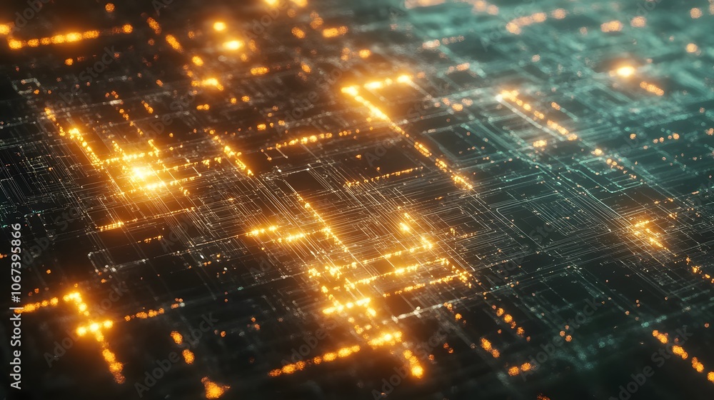 Poster Abstract grid of interconnected shapes and nodes representing an ML algorithm, highlighting innovative data flows and learning loops, 4k resolution