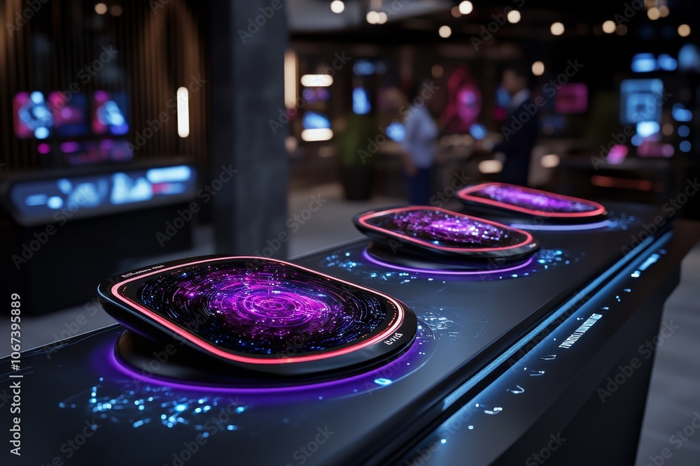 Aufkleber a modern office setting with diverse professionals collaborating over digital devices and holographi